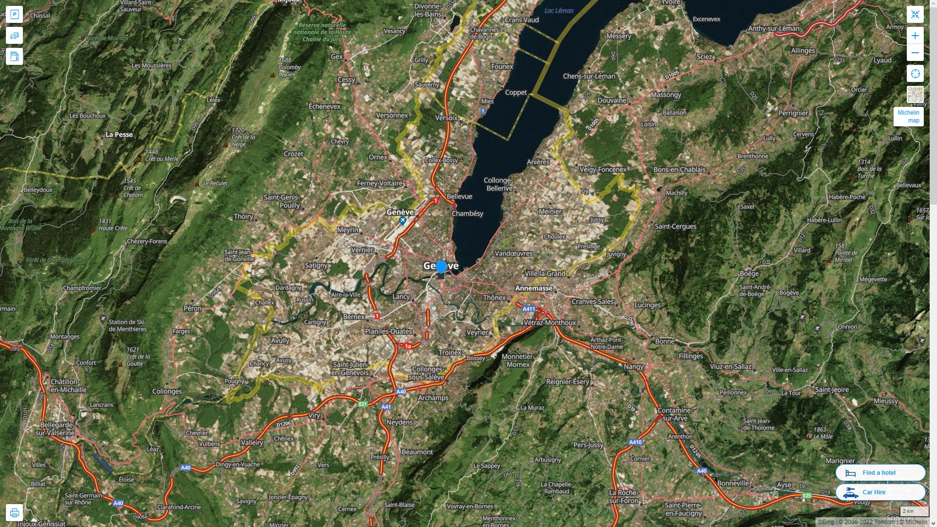Geneva Suisse Autoroute et carte routiere avec vue satellite